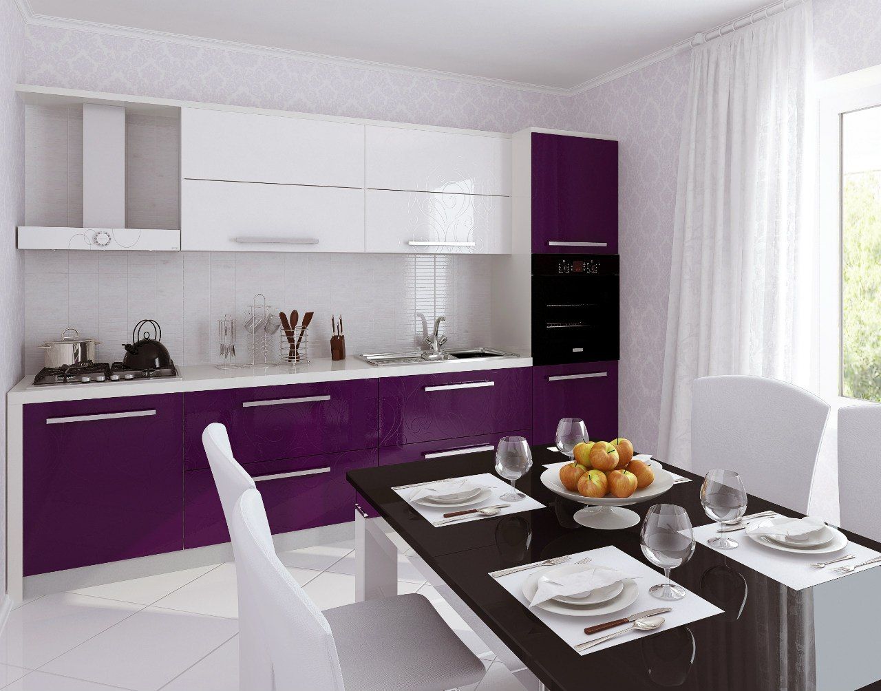 Balts virtuves interjers ar dominējošām krāsām.