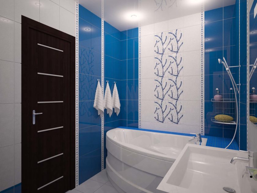 thiết kế phòng tắm màu xanh và trắng
