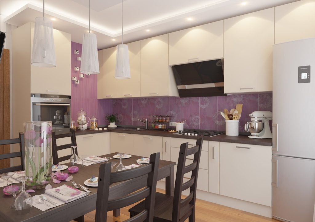 Bēša virtuves violeta krāsa.