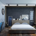 Trang trí phòng ngủ mộc mạc màu đen và gỗ dán trên sàn gỗ