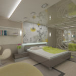 High-tech bedroom decor with mirrored ceiling and wardrobe