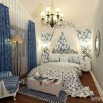 Decor of a bedroom textile and striped wallpaper