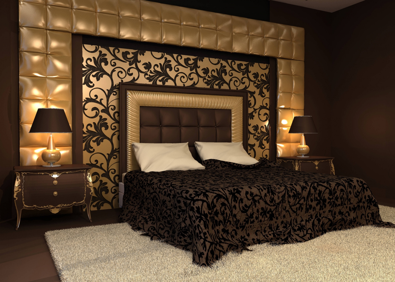 Bedroom decor in white and dark chocolate