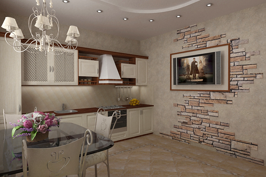 dekoratyvinis akmuo virtuvės puošyboje kaip fonas