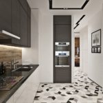 Diseño de cocina con muebles empotrados de estilo moderno y diseño geométrico en el piso