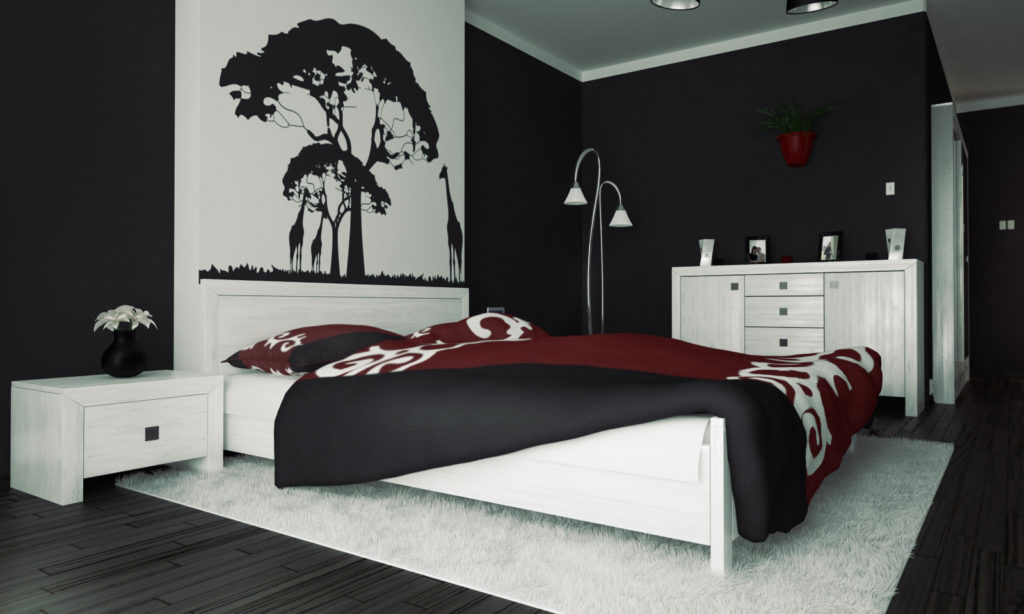 väggdekoration i sovrummet svart färg