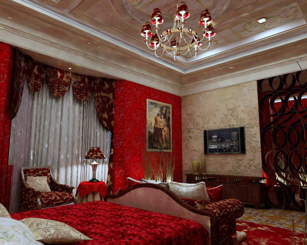 decorarea pereților în culoarea roșie a dormitorului