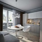 Gray kitchen palette and white dining area