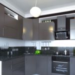 Palet dapur kelabu dengan dinding putih dan siling.
