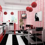 Combinazione di colori interni cucina nero e rosso su bianco