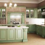 Combinación de colores interior de cocina verde oliva y marrón claro
