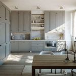 Combinación de colores interiores de cocina marrón sobre fondo gris