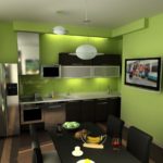 Spalvų derinys virtuvės interjere kalkių žalia ir juoda su ruda