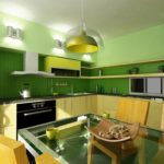 Spalvų derinys virtuvės interjere žalia ir geltona