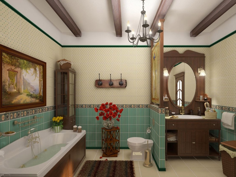 עיצוב אמבטיה בסגנון כפרי לחדר גדול