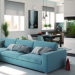 cucina soggiorno 18 m2 elegante divano blu