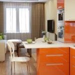 living bucătărie fațete portocalii 18 m2