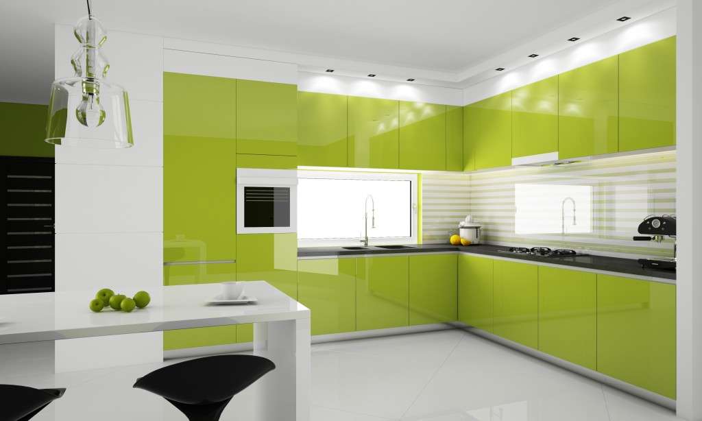 the kitchen is light green with white