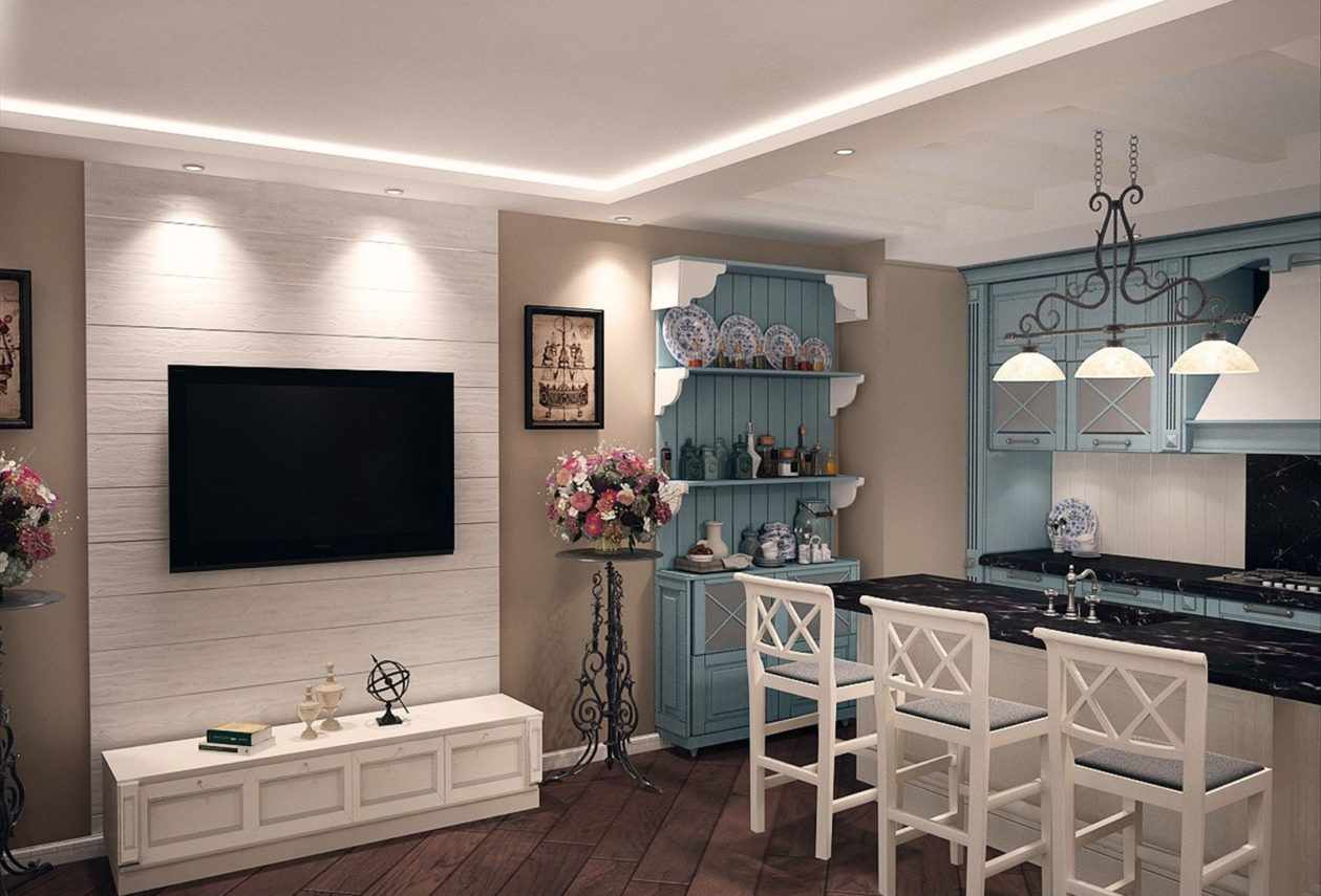 Ryškiai dekoruotos svetainės virtuvės pavyzdys 16 kv.m