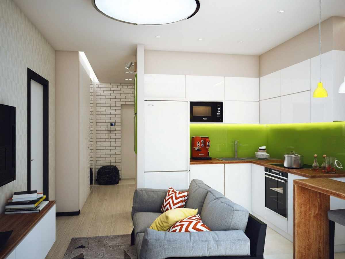 verze neobvyklého stylu obývacího pokoje kuchyně 16 m2