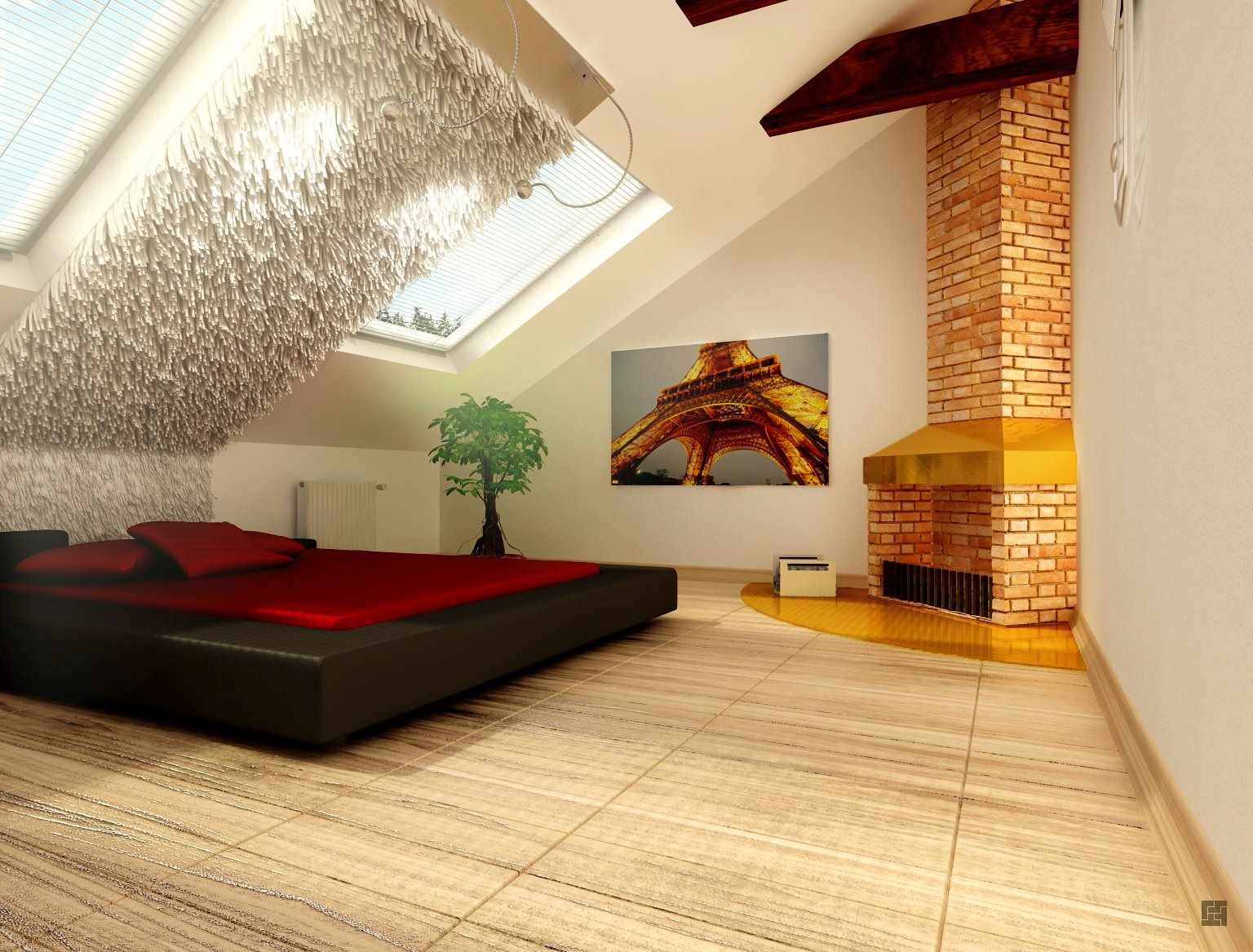variant av en vacker design av ett sovrum på vinden