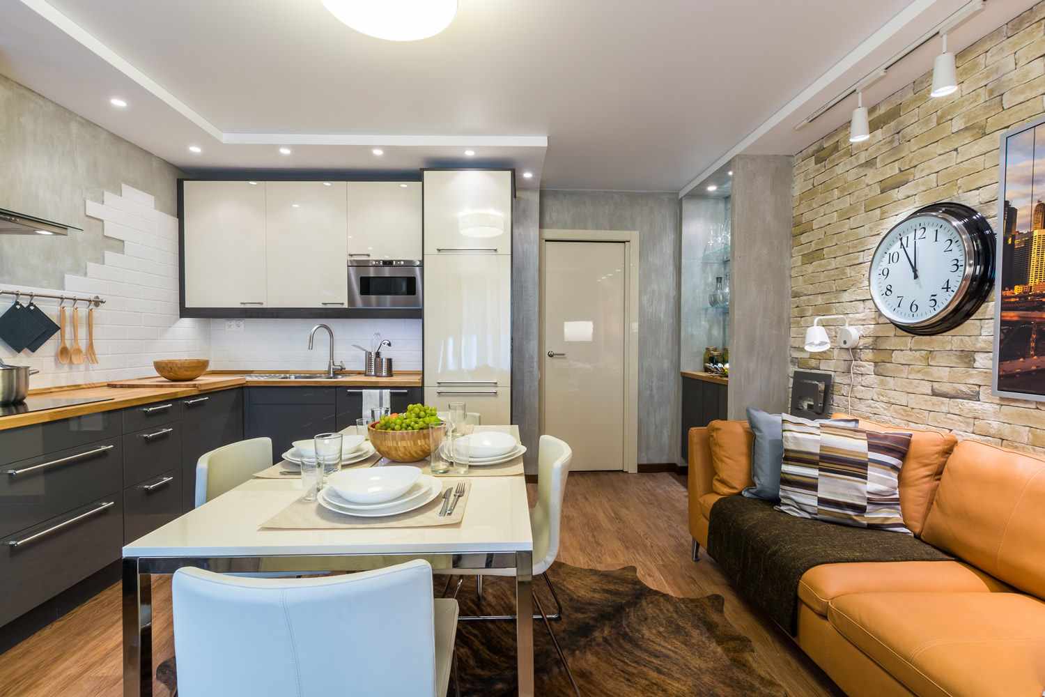 a idéia de uma bela sala de estar cozinha decoração 16 m²