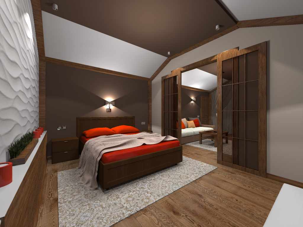 Tavan yatak odasının parlak stiline bir örnek