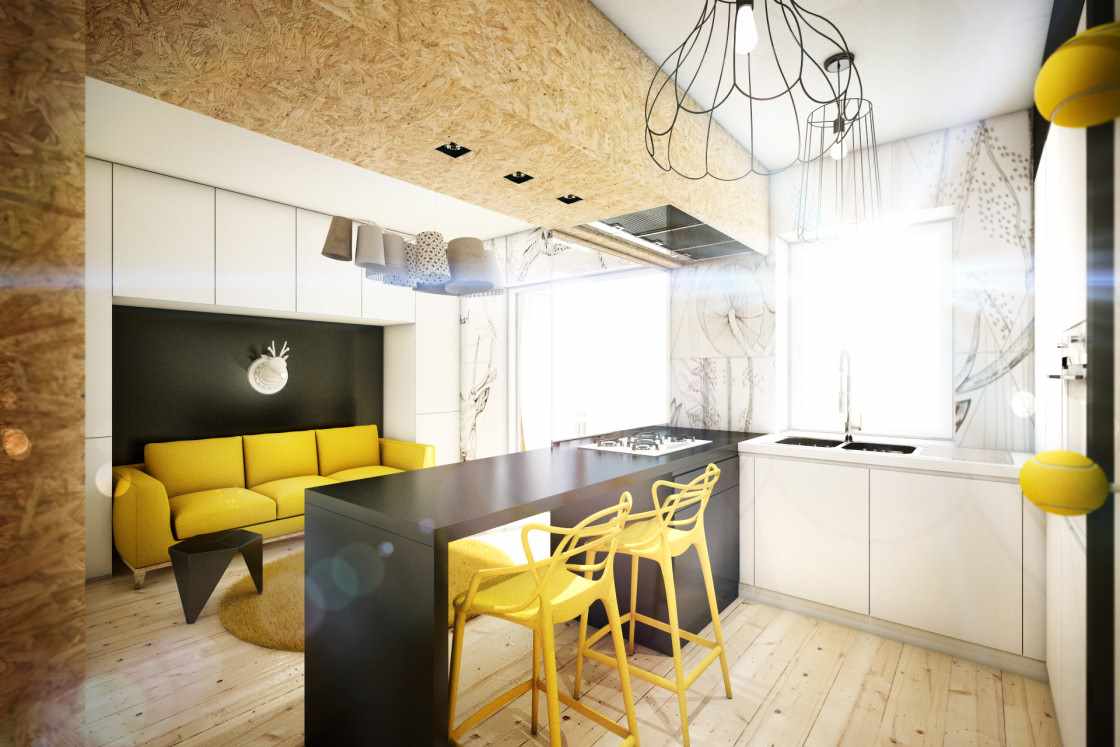 مثال على ديكور غرفة المعيشة المطبخ الجميلة 16 متر مربع