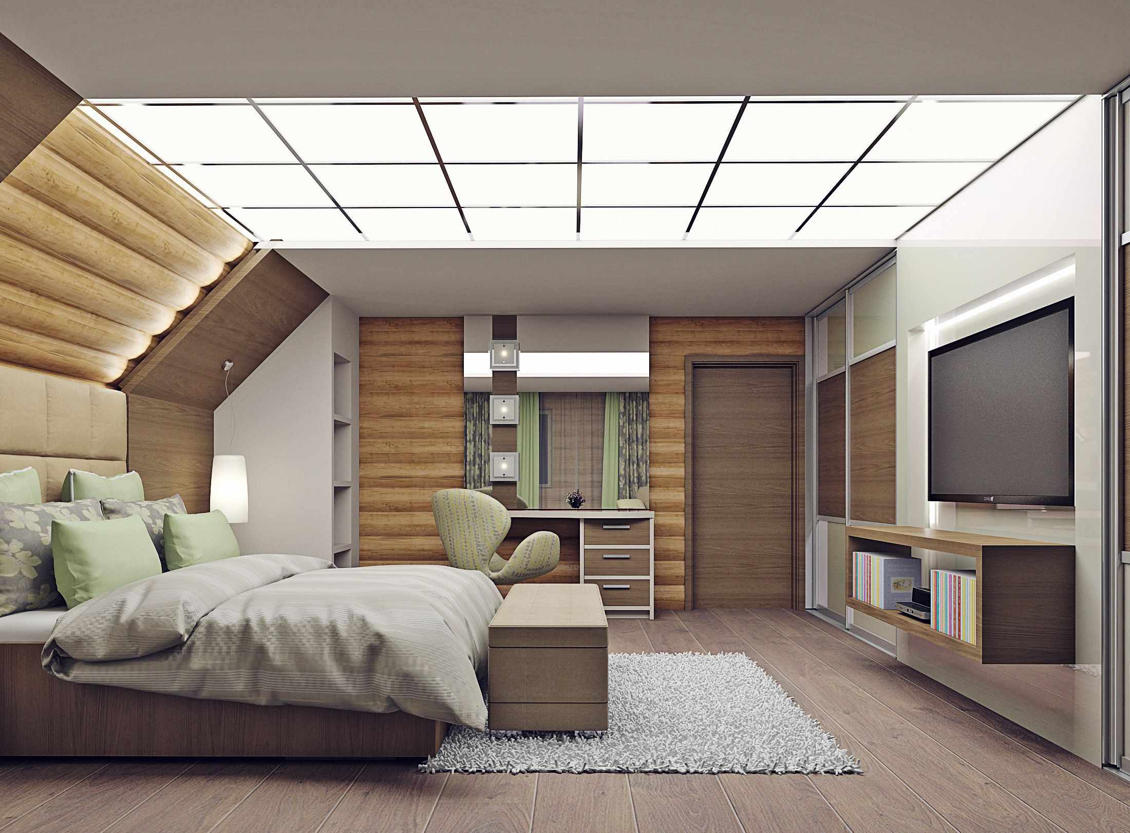 variante del brillante design di una camera da letto in soffitta