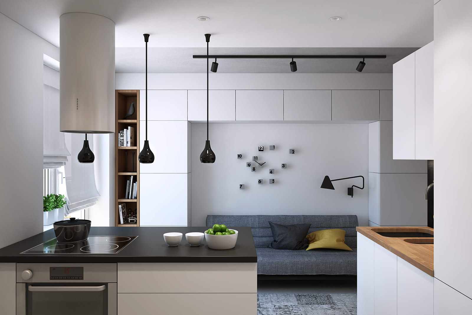 Satu contoh ruang tamu dapur reka bentuk yang cantik 16 sq.m
