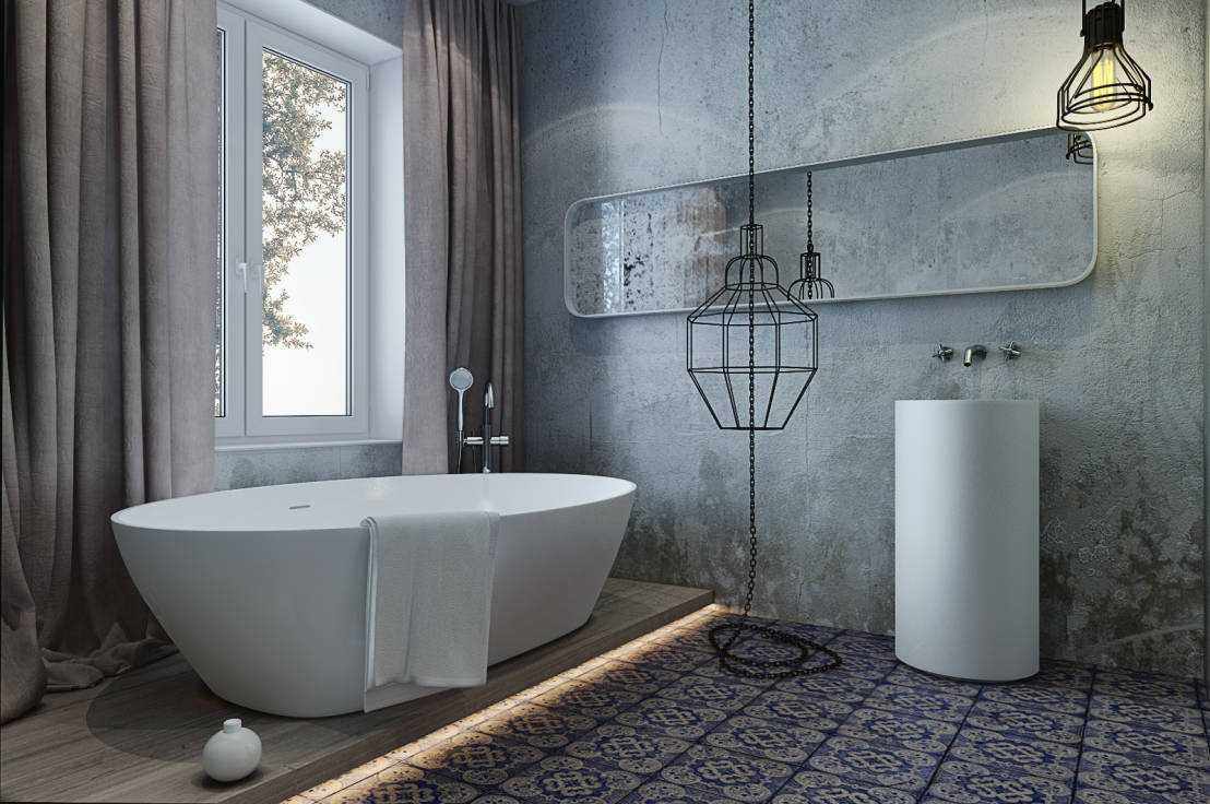 הרעיון של שימוש בטיח דקורטיבי יפהפה בחדר האמבטיה