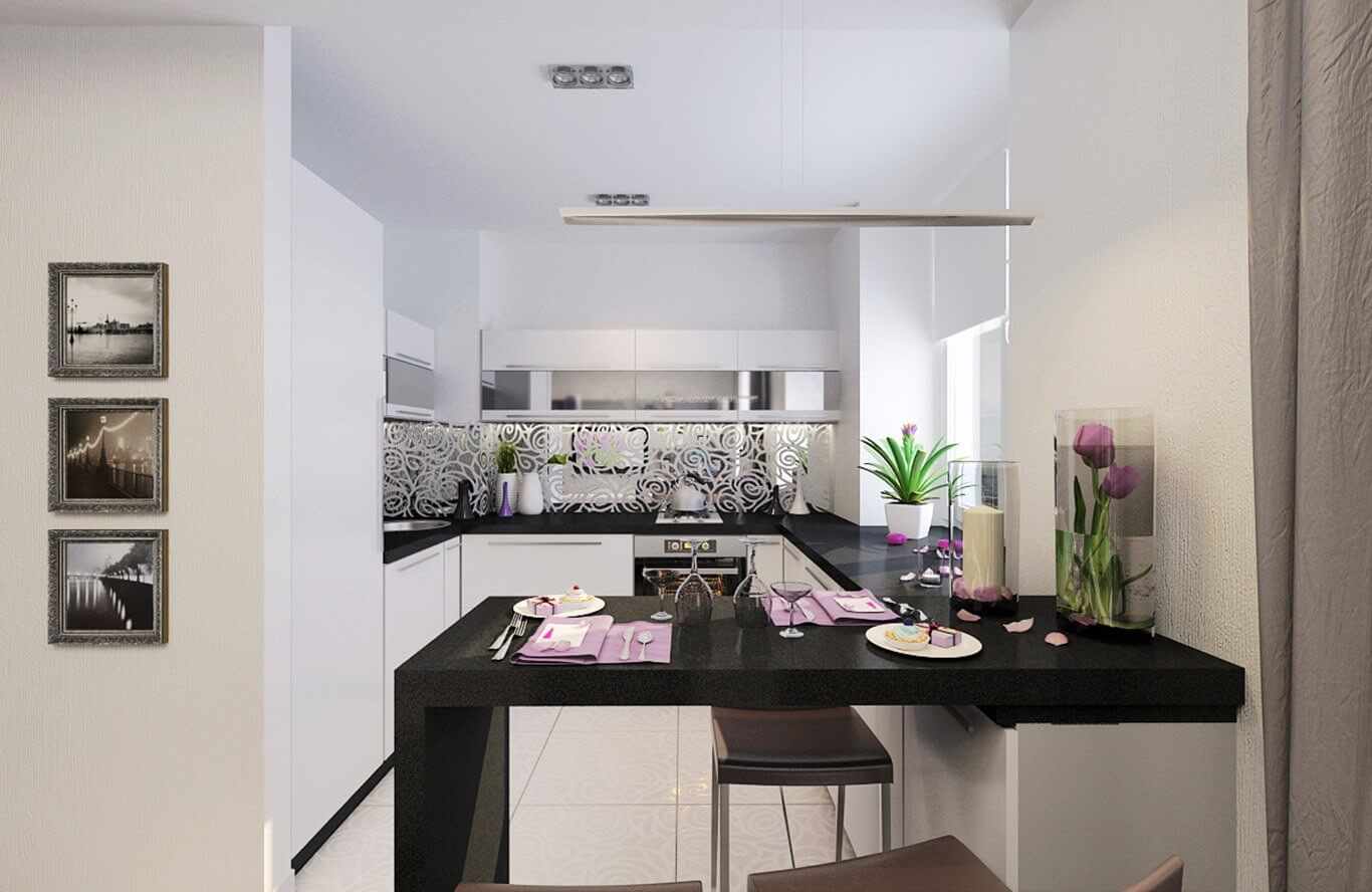 Um exemplo de interior luminoso de uma cozinha de 16 m2