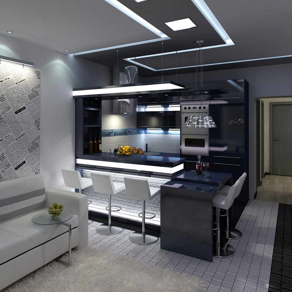 design luminos al bucătăriei livingului 16 mp.