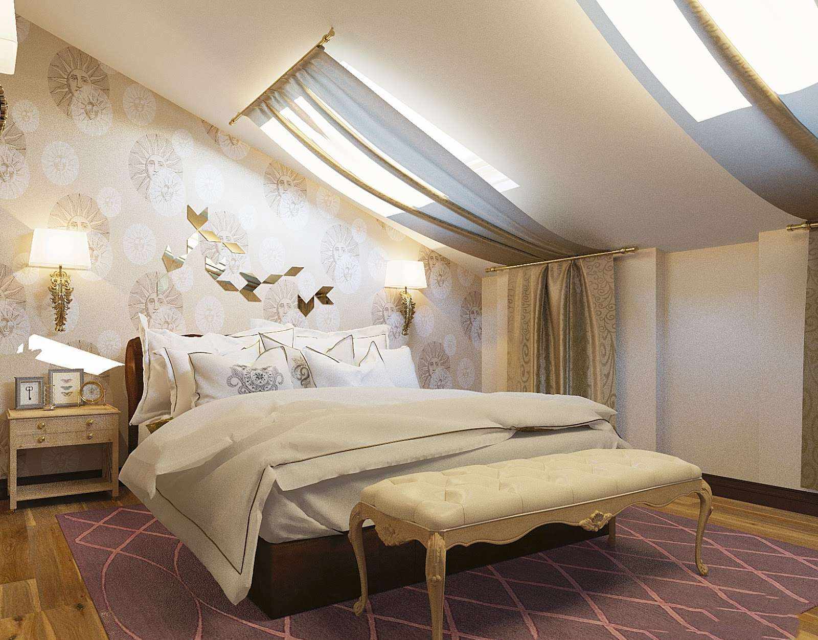 l'idea di una camera da letto in stile luminoso in soffitta