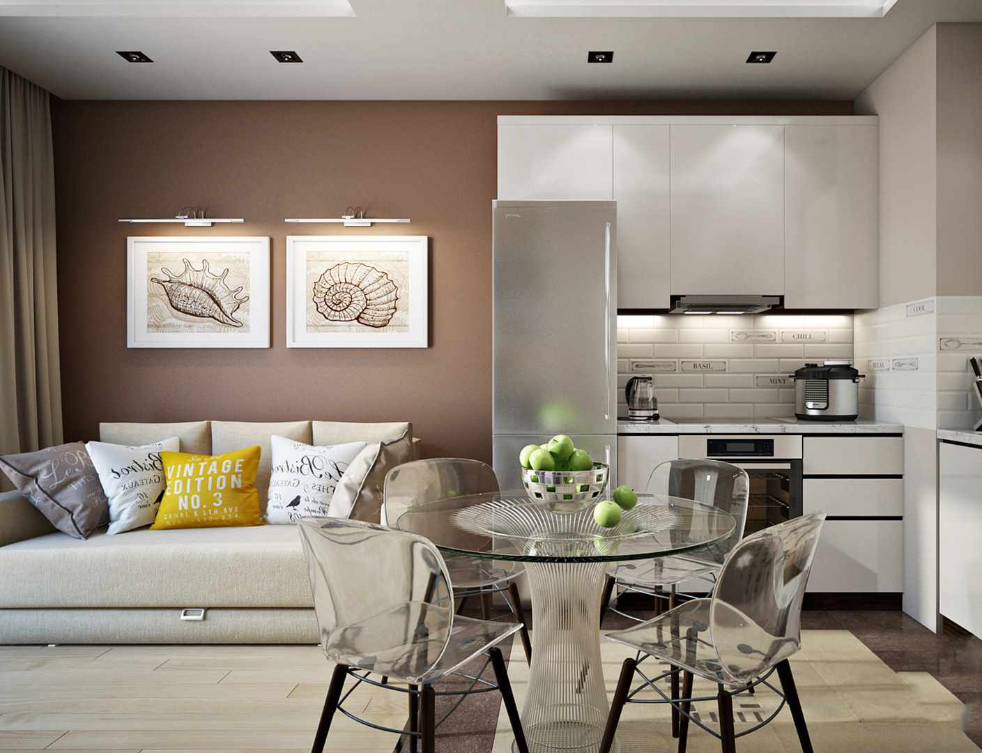 Um exemplo de uma cozinha interior brilhante 16 m²