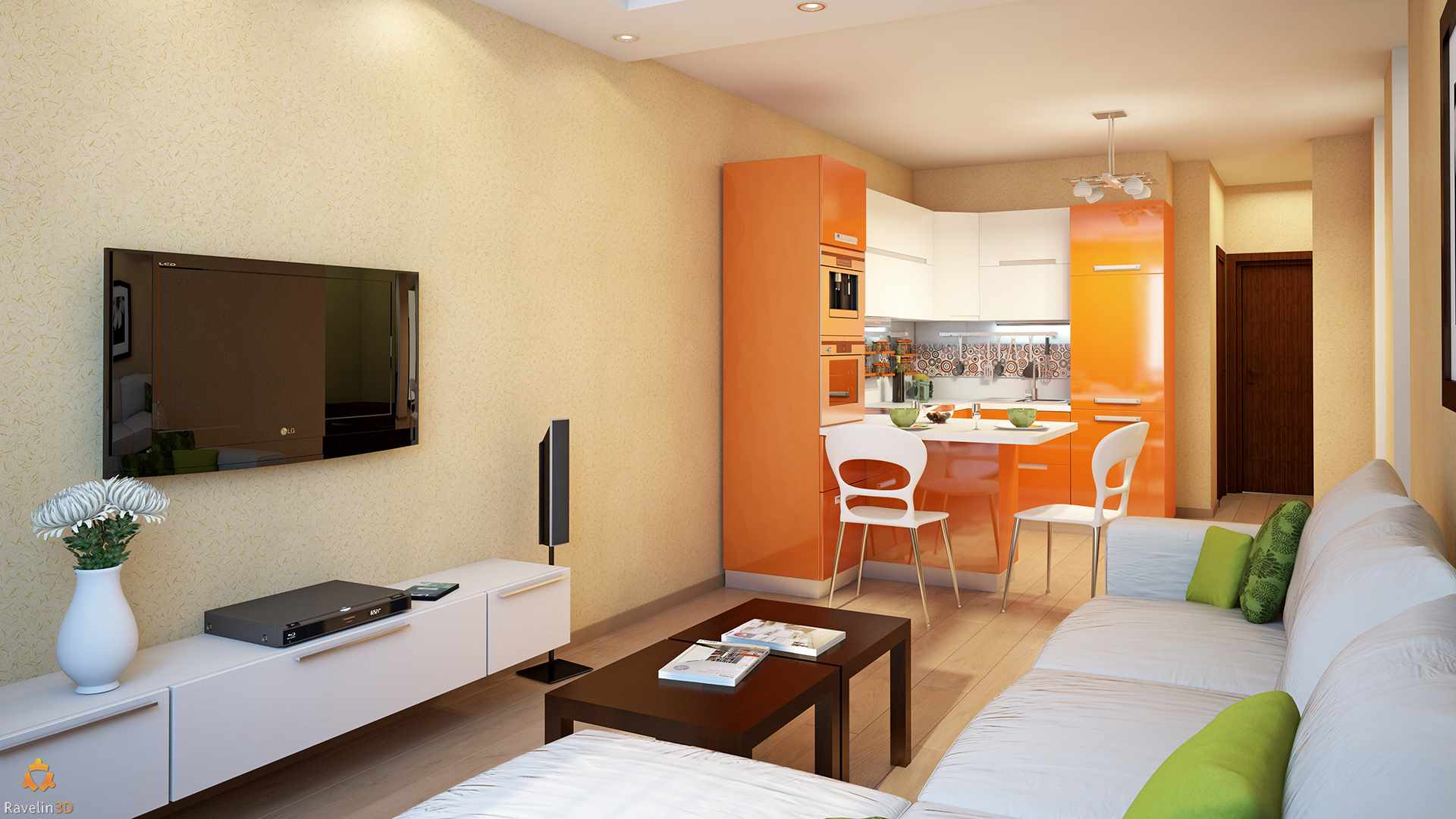 the idea of ​​an unusual interior kitchen living room 16 sq.m