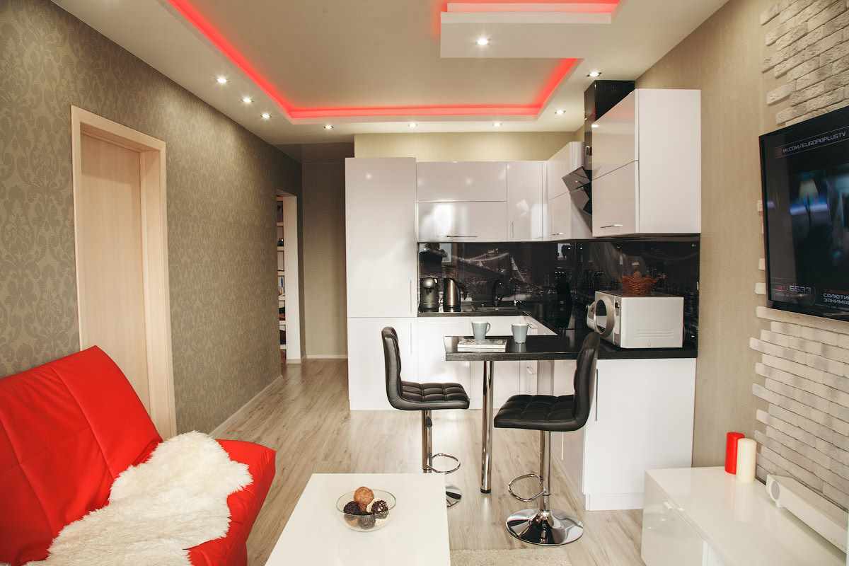 světlý design varianty obývacího pokoje kuchyně 16 m2