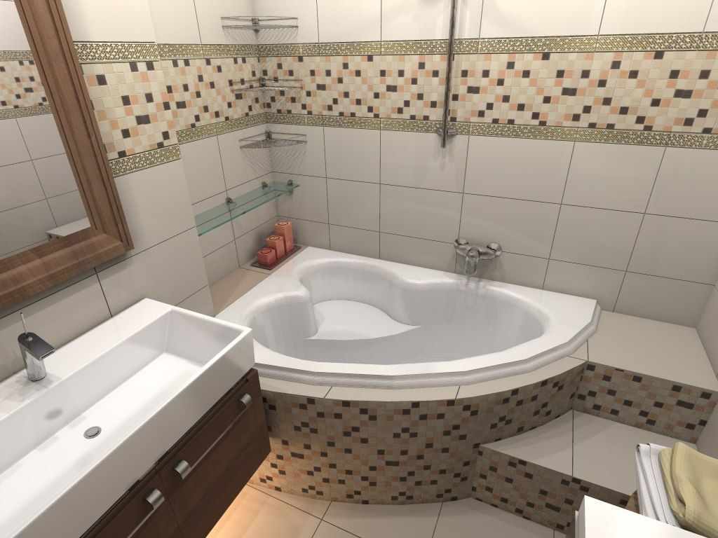 דוגמה לעיצוב יפהפה של חדר אמבטיה עם אמבטיה פינתית