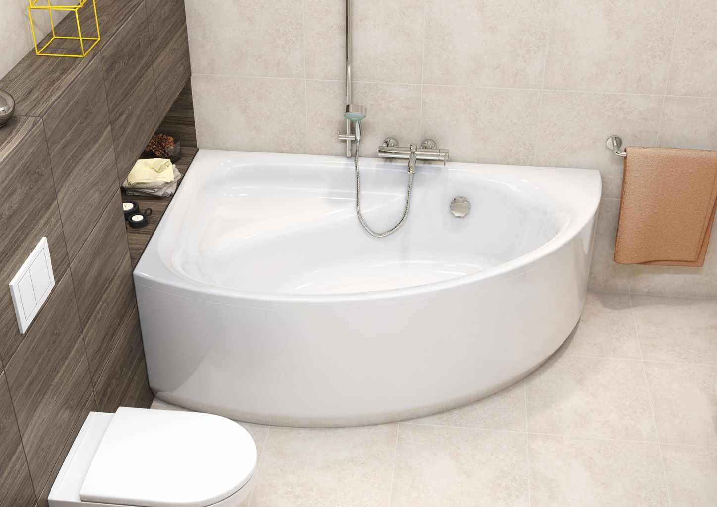 דוגמה לחדר אמבטיה בסגנון בהיר עם אמבטיה פינתית
