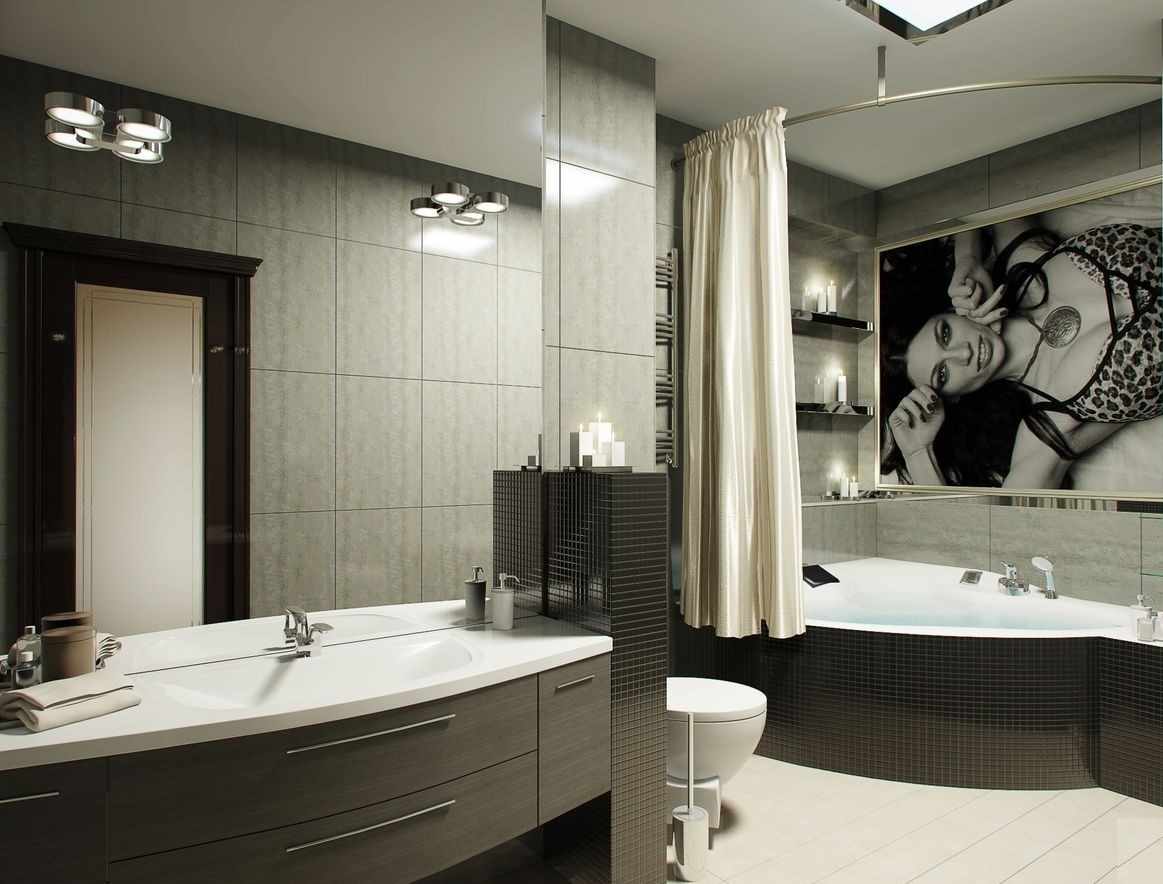 רעיון של עיצוב קליל בחדר אמבטיה עם אמבטיה פינתית