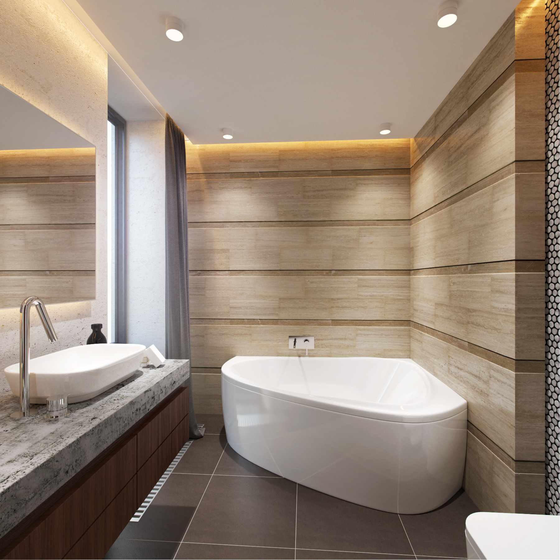 דוגמא לעיצוב קליל בחדר אמבטיה עם אמבטיה פינתית