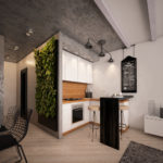 Living wall of plants in an industrial style kitchen