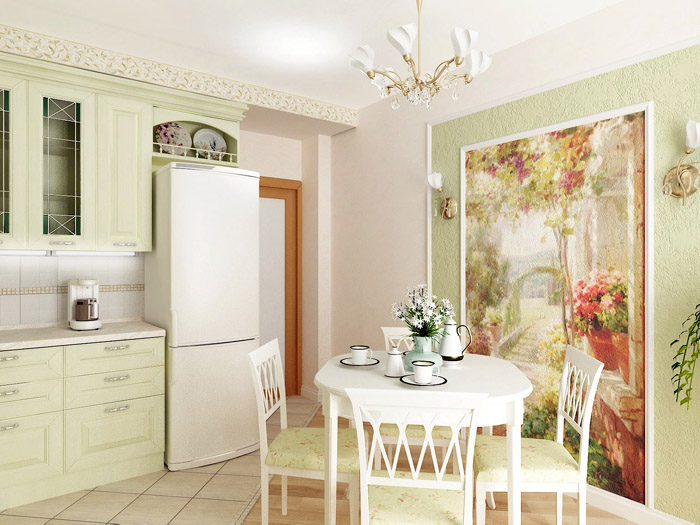 Wall mural in the interior of a bright kitchen