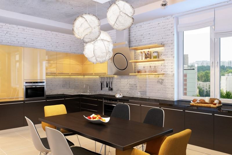 Design of a loft-style kitchen studio with original fixtures