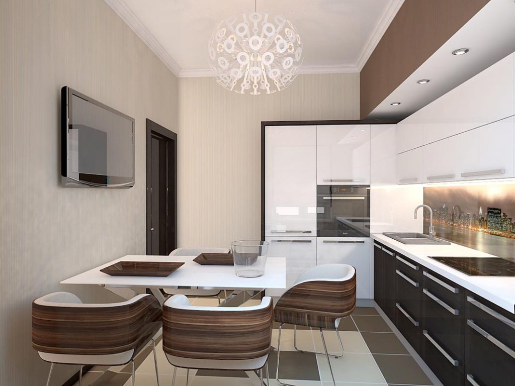 Kücheninnenraum mit beige Wänden und braunen Möbelfassaden.
