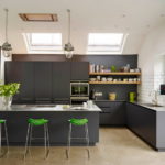 Black attic kitchen with side and top windows