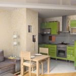 Šviesiai žalios spalvos komplektas virtuvėje-gyvenamajame kambaryje