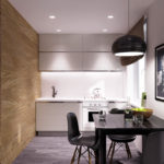 Das Design der Wände der Küche mit Holzplatten