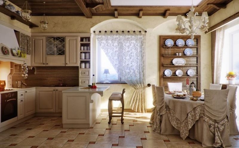 Provence-stil køkken-spisestue interiør