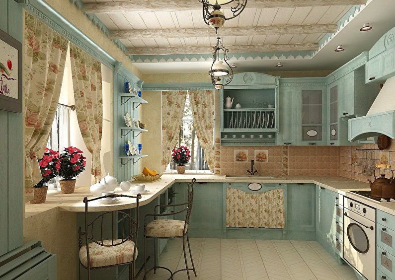 Rustikk stil i utformingen av kjøkkenet til et privat hus